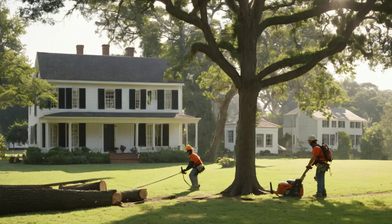 Local tree removal provider safely taking down a large tree beside a colonial home in Quantico